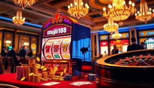 Players celebrating payouts at the muji138 slot machine in a vibrant casino setting.