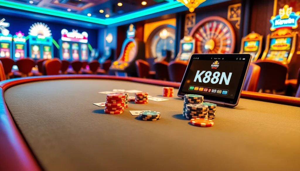 A captivating poker scene at a casino featuring k88win elements, highlighting a luxury table, vibrant cards, and colorful chips.