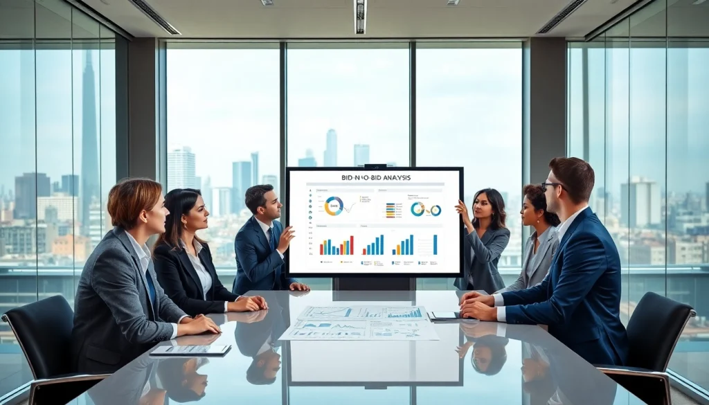 Team discussing Bid-No-Bid Analysis in a modern conference room, emphasizing collaborative decision-making.