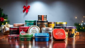 Custom tins with vibrant designs showcasing various shapes and branding options.