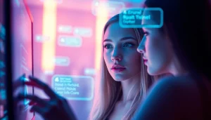 Engaging scene of an AI character in a sex chat AI interaction, showcasing a futuristic digital environment.
