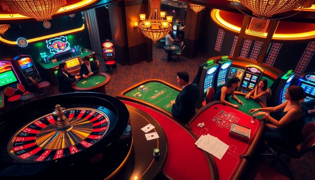 Engage in thrilling action at Tha bet casino with players around a roulette wheel and poker table.