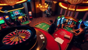 Engage in thrilling action at Tha bet casino with players around a roulette wheel and poker table.