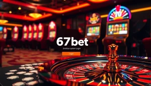 Experience the excitement of 67bet Login with a vibrant casino scene showcasing poker chips and a roulette wheel.