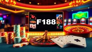 Engage in thrilling games at https://f168.ing/ featuring poker chips, roulette, and Baccarat in a stylish casino scene.