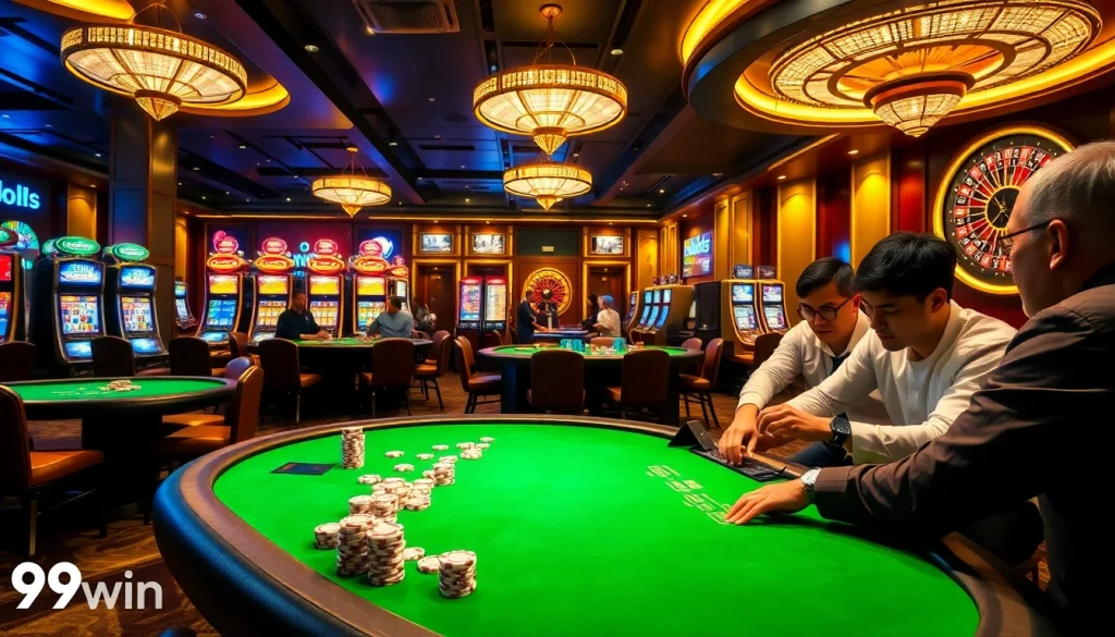 Players enjoying thrilling games at 99win casino with poker chips and vibrant slot machines.