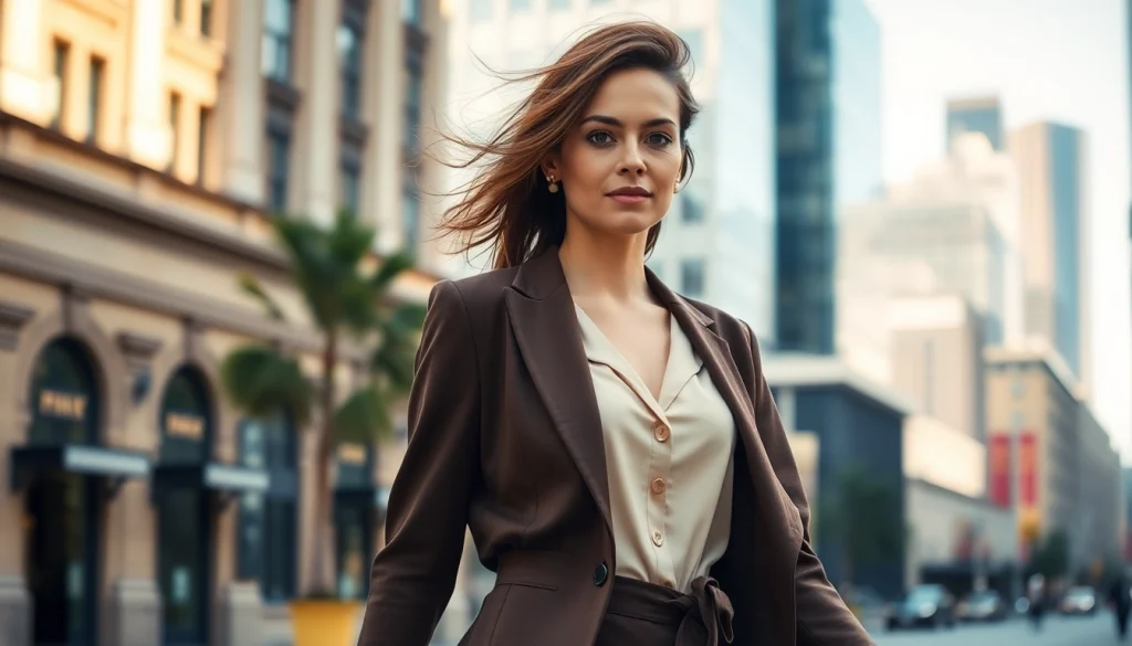 Showcasing a woman in elegant Rivelle clothing, embodying sophistication against a vibrant city backdrop.