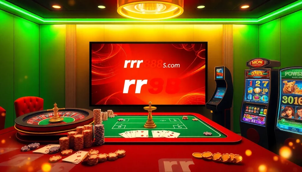 Experience the vibrant gaming atmosphere at rr88.com with poker chips, roulette wheels, and slot machines.