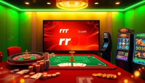 Experience the vibrant gaming atmosphere at rr88.com with poker chips, roulette wheels, and slot machines.