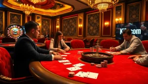 Exciting poker scene featuring Kjc.com, luxury tables, and strategic gameplay in a glamorous casino environment.