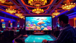 Bắn Cá Khủng Long game in a luxurious casino setting, highlighting exciting prehistoric fish and engaging players.