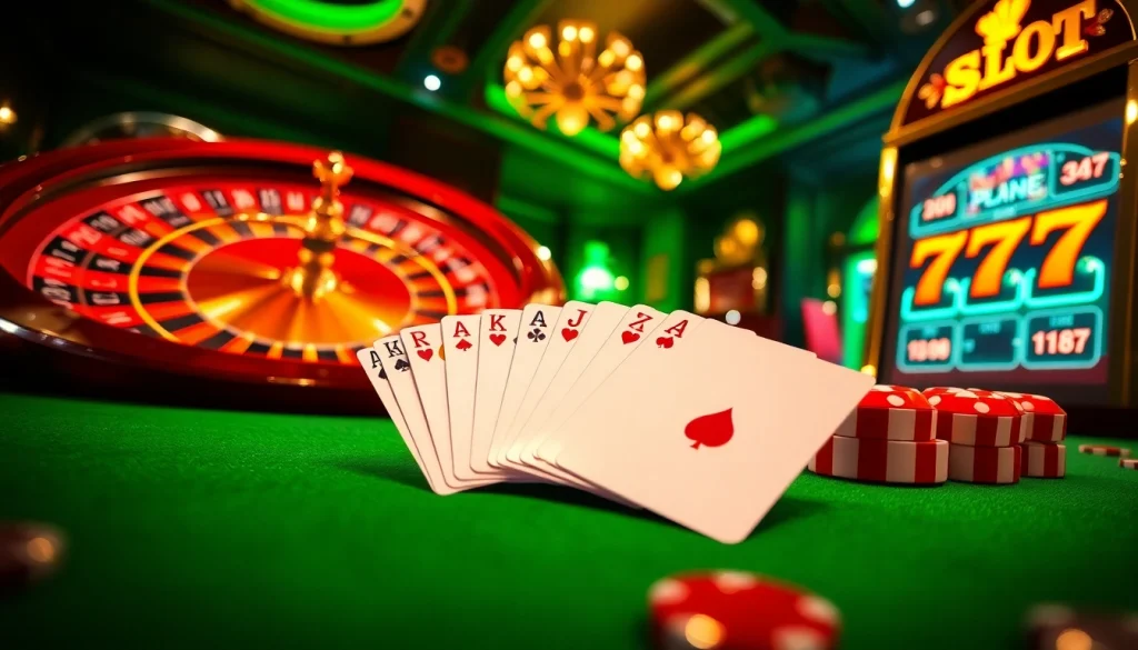 Exciting gaming scene featuring idn slot machines and table games in a luxurious casino environment.