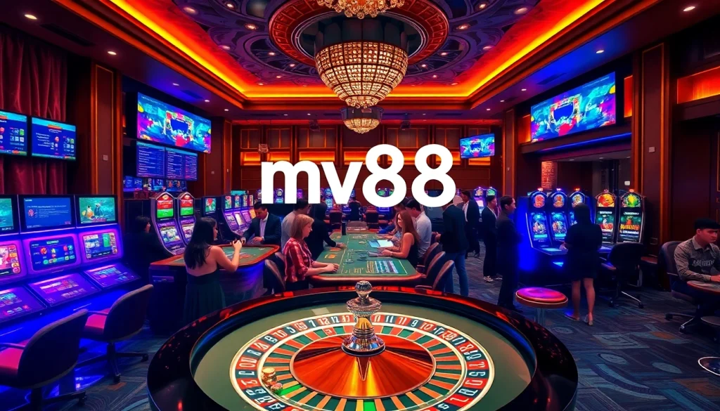 An exciting casino betting scene featuring mv88 logo with players engaging in high-stakes sports gambling.