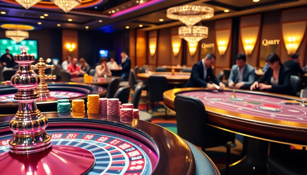 Experience thrilling gaming at QQ88 with poker chips and roulette wheels in a vibrant casino environment.