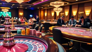 Experience thrilling gaming at QQ88 with poker chips and roulette wheels in a vibrant casino environment.
