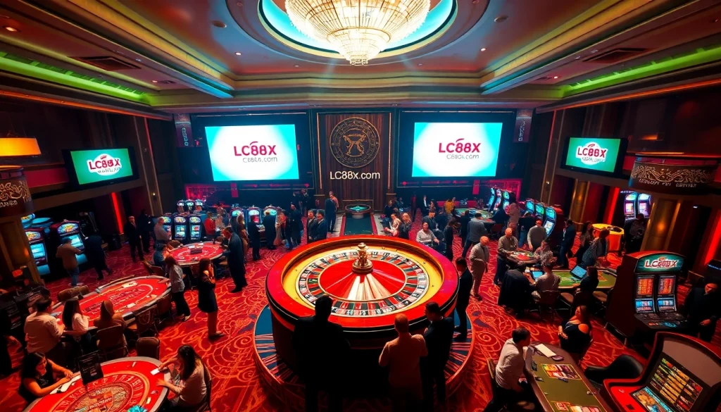 Exciting gaming action at Lc88x.com, featuring a vibrant casino scene with roulette and players.