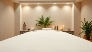 부드러운 조명과 차분한 데코가 어우러진 출장마사지 서비스용 평온한 마사지룸 세팅.