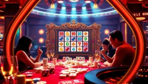 Excited players enjoying a mahjong slot demo at a luxurious casino with vibrant gaming elements.