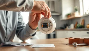 Installing a smoke detector battery for improved home safety and security.