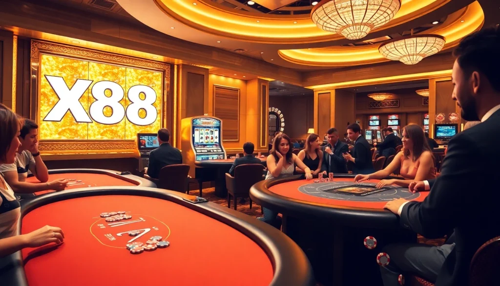 X88 casino players enjoying a game at a luxurious blackjack table surrounded by slot machines.