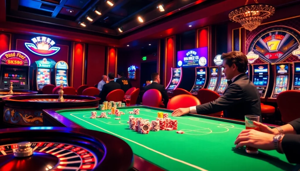 Players enjoying poker at a luxurious casino table while experiencing NK88's vibrant atmosphere.