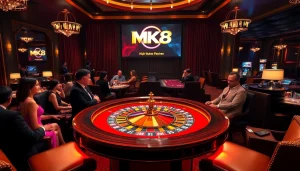 Experience thrilling MK8 betting at a luxurious casino roulette table surrounded by eager players.