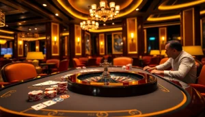 U888 players enjoying a thrilling game at a luxurious casino table with cards and chips.