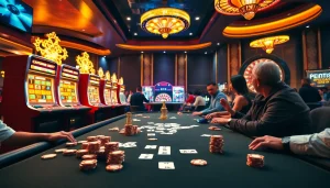 Experience the thrill of BDJL gaming at a lavish poker table with excited players.