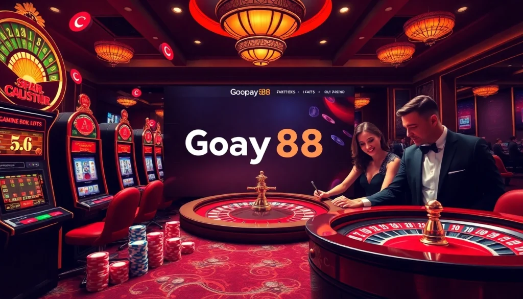 Experience Gopay88 Daftar with thrilling gambling visuals of slot machines and poker chips.