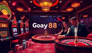 Experience Gopay88 Daftar with thrilling gambling visuals of slot machines and poker chips.