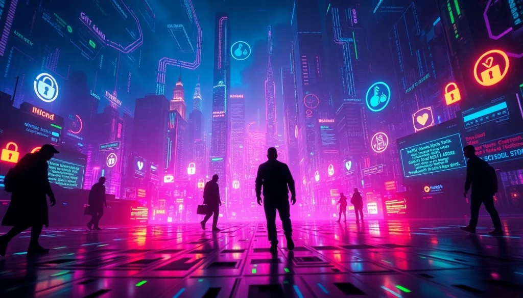 The hidden wiki represented in a vibrant digital landscape with neon lights and .onion links, embodying the dark web's intrigue.