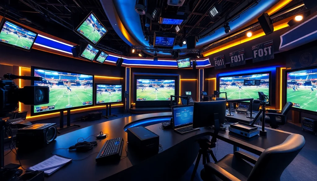 Engaging sports broadcasting studio showcasing technology and vibrant atmosphere.