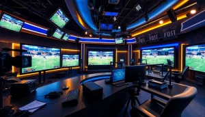 Engaging sports broadcasting studio showcasing technology and vibrant atmosphere.