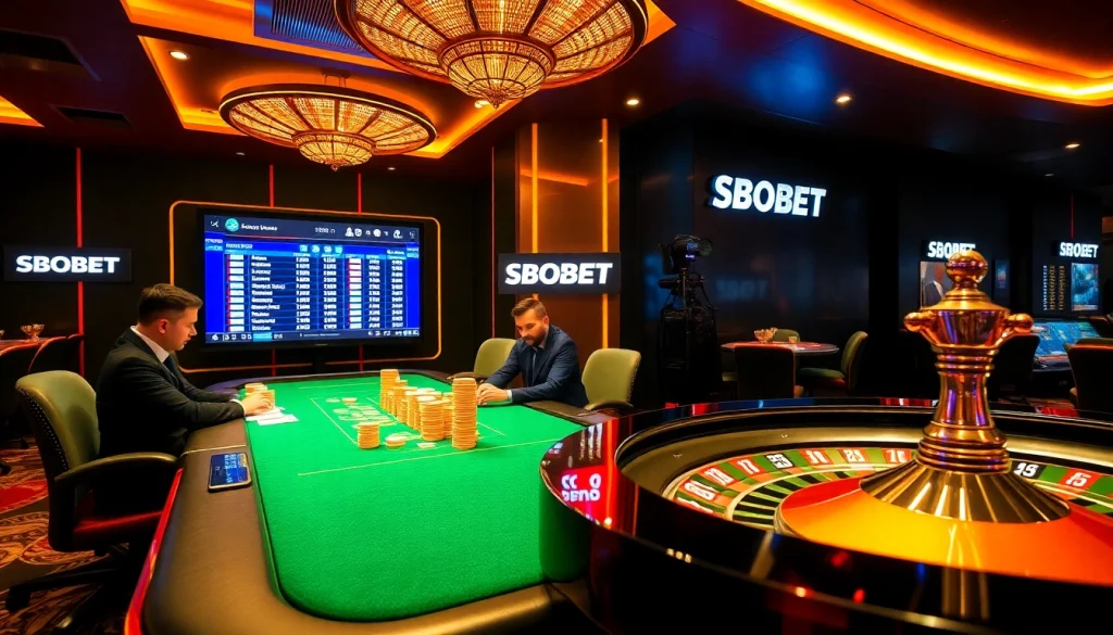 Experience SBOBET sports betting excitement with professional gaming tables and vibrant decor.