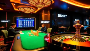 Experience SBOBET sports betting excitement with professional gaming tables and vibrant decor.