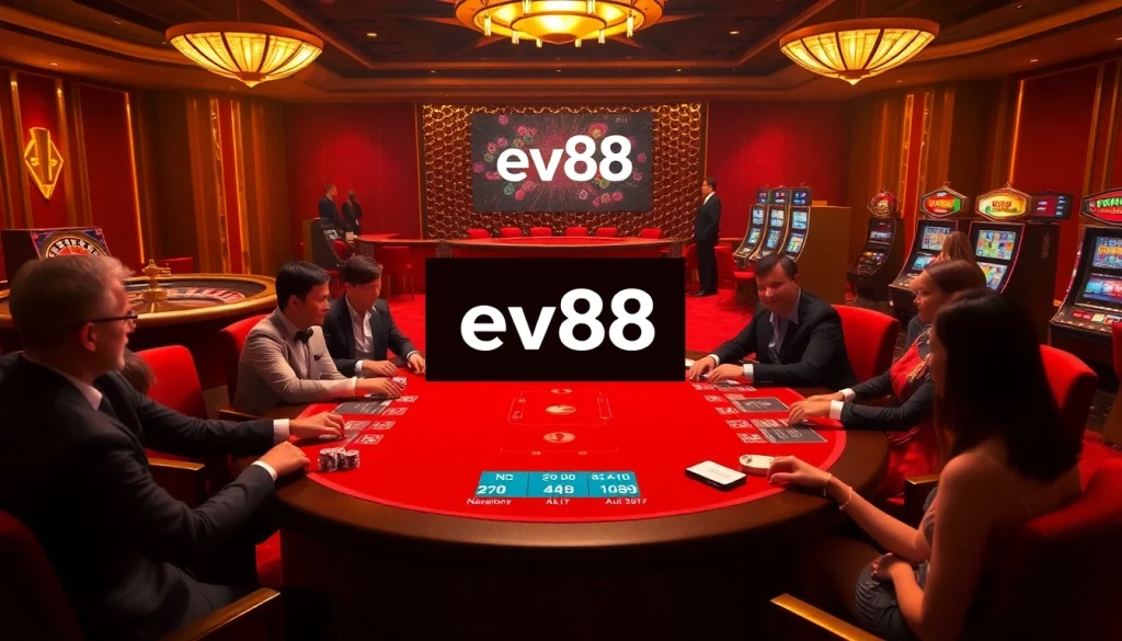 Players strategizing at an Ev88 poker table in a lively casino atmosphere.