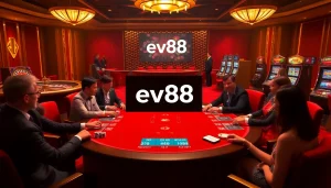 Players strategizing at an Ev88 poker table in a lively casino atmosphere.