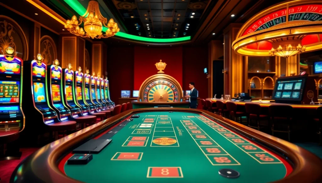 Players excitedly engage in a Blackjack game at TK 88 Casino while colorful slot machines glow.