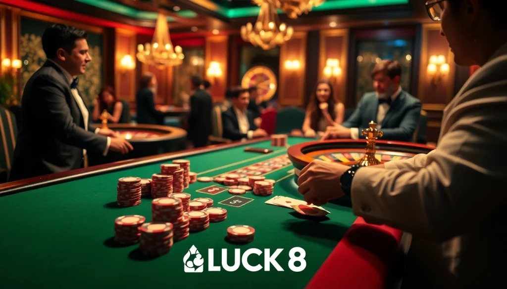 Cảnh tại casino LUCK8 cho thấy bàn chơi đầy hồi hộp, các chip poker và bánh xe roulette trong một không gian thanh lịch.