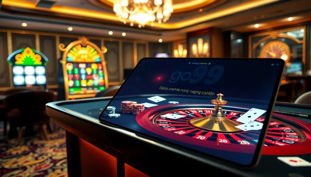 Exciting casino digital setup for go99 đăng nhập with poker chips and a roulette wheel.