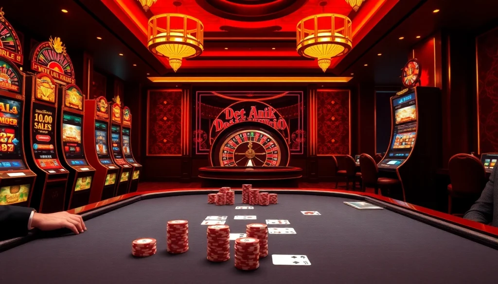 Adegan penuh aksi yang menampilkan permainan poker dan slot bertema Datukwin di kasino mewah.