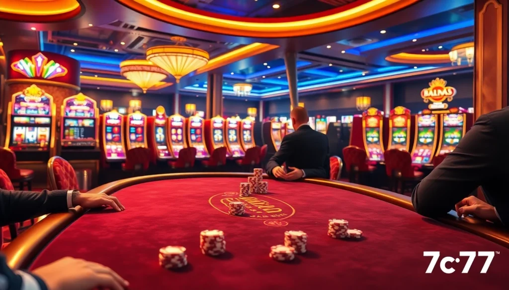 Players enjoying high-stakes poker at the 7c77 casino, surrounded by vibrant slot machines and luxury decor.