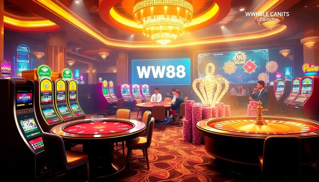 Experience the excitement of ww88 with vibrant casino tables, engaging slot machines, and luxurious gaming atmosphere.