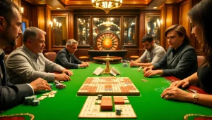 Engaging players enjoy רמיקוב אונליין at an elegant casino table with vibrant tiles and chips.