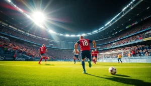 مشهد مثير لمباراة كرة قدم لكورة لايف، يظهر اللاعبون في الحركة وجمهور ملعب حماسي.