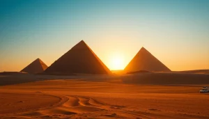 Explore the Great Pyramids of Giza at https://piraminds.com/ showcasing their majestic presence in the desert landscape.