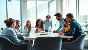 Marketing Agency team brainstorming creative strategies in a modern office setting.