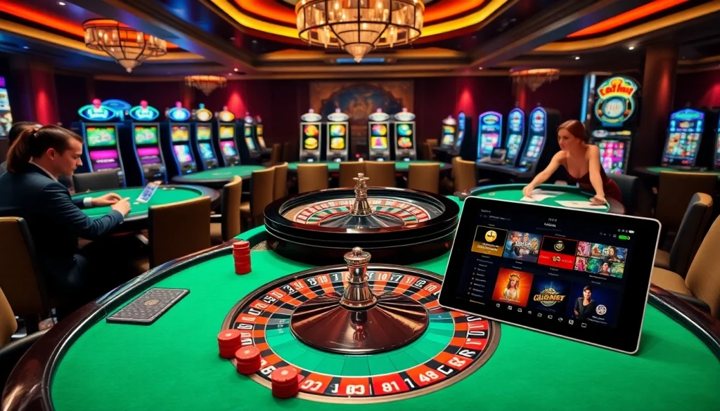 An engaging casino scene showcasing the excitement of https://okwin.blog with players at poker tables and a spinning roulette wheel.