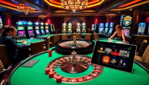 An engaging casino scene showcasing the excitement of https://okwin.blog with players at poker tables and a spinning roulette wheel.