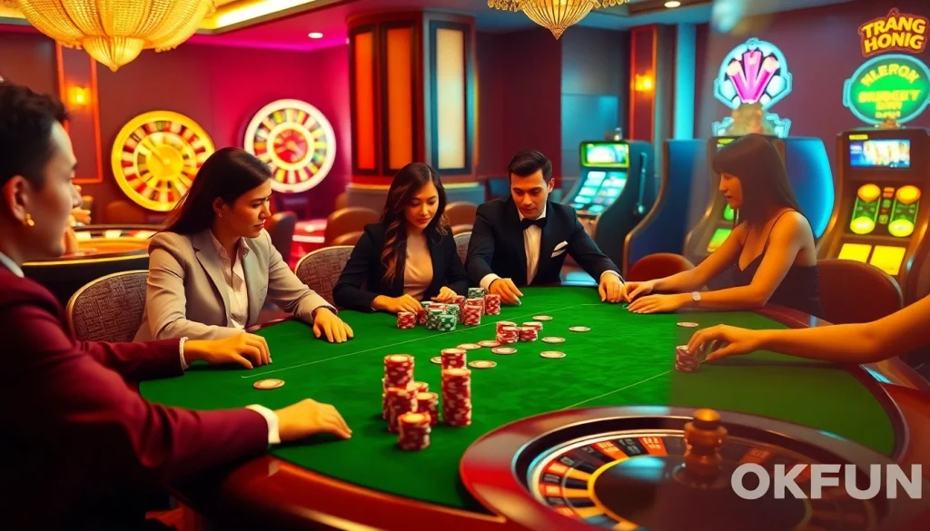 Experience the thrill of Trang Chủ OKFUN with players immersed in an exciting poker game.